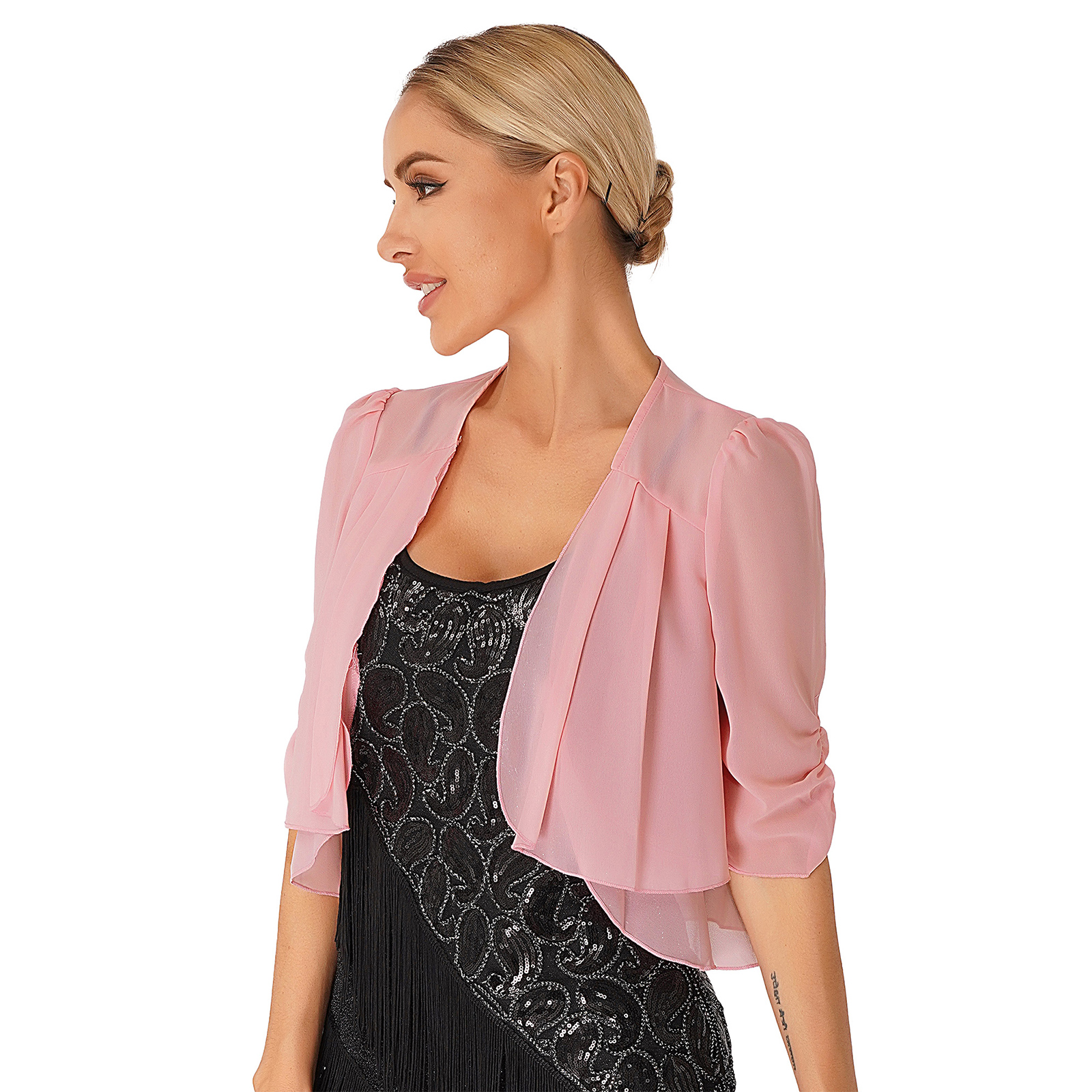 Élégant cardigan court en mousseline de soie à volants pour femmes, manches mi-longues, double couche, robe de soirée, châle de mariage