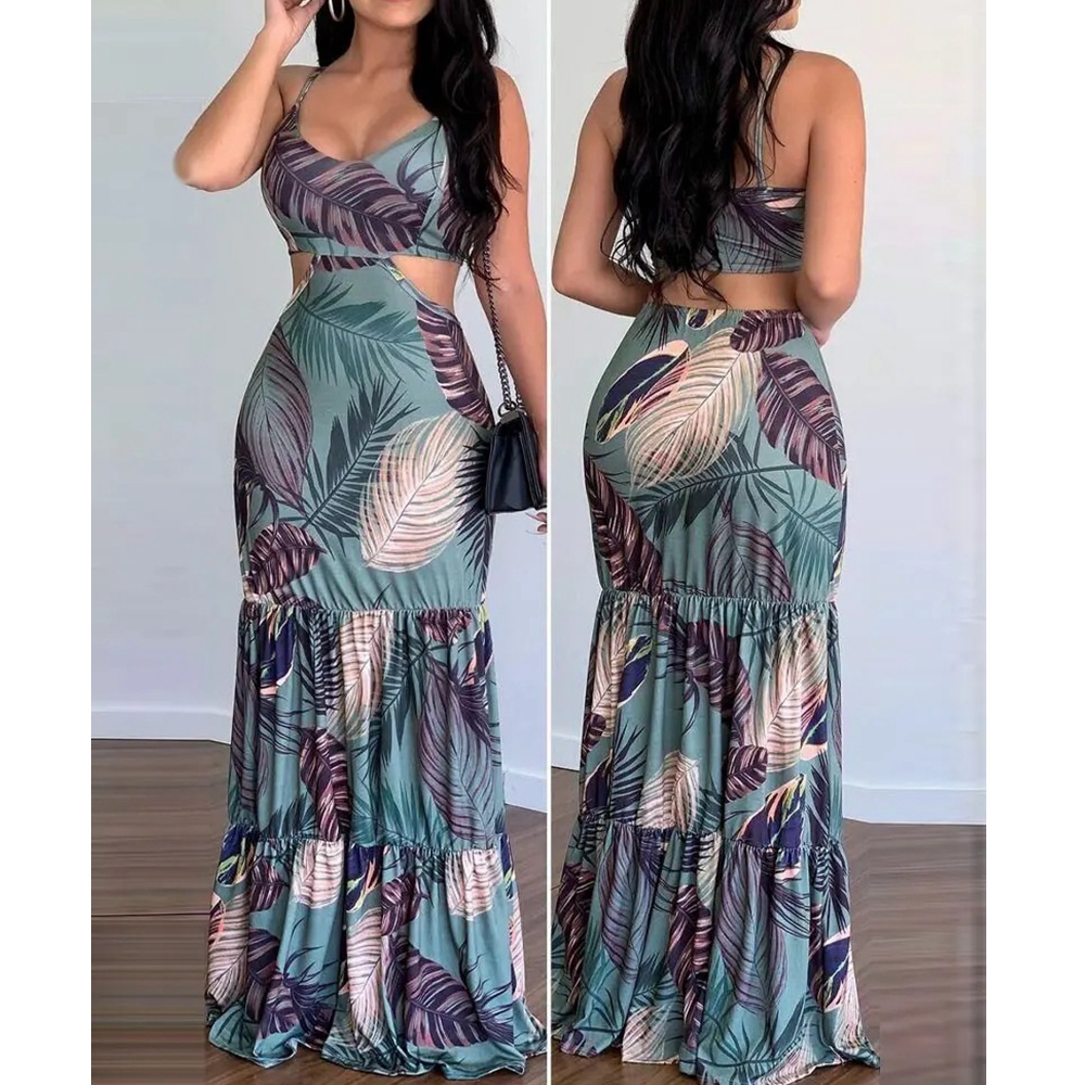 Robe longue à fleurs pour femmes, col en v, coupe crayon, bretelles spaghetti, été