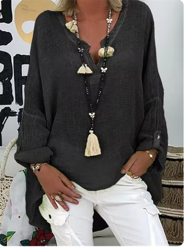 Chemise ample décontractée pour femmes, mode couleur unie, haut confortable, col en v, manches longues, chemisier léger, printemps automne