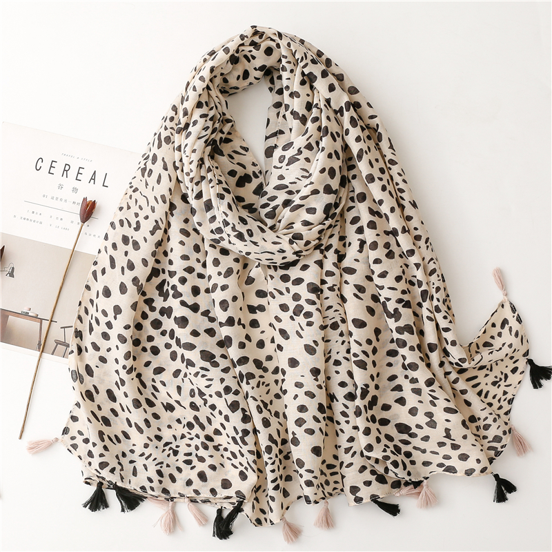 Foulard en coton et lin doux châles femmes luxe Premium Foulard Femme longue tacheté imprimé léopard gland écharpes foulards Echarpe