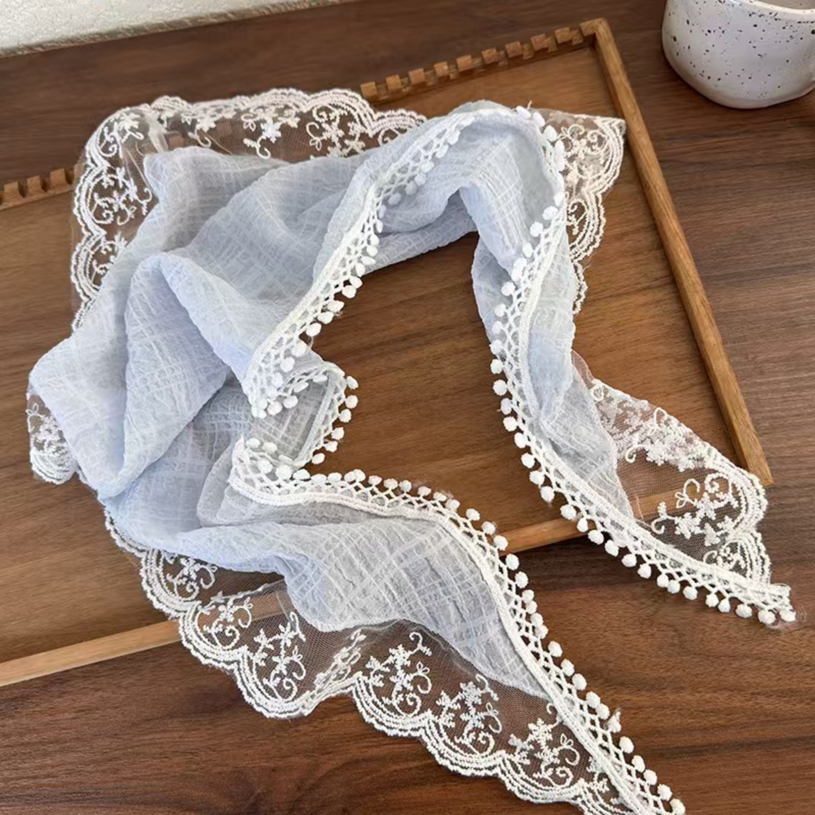1PC Foulard triangulaire en dentelle pour femme, en mousseline froissée pastel, accessoire capillaire pour le quotidien et la plage