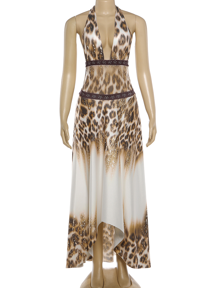 Robe longue imprimé léopard Kliou pour femme, tendance estivale, style bandage, dos nu, sans manches, pour soirée club de minuit, Vestidos