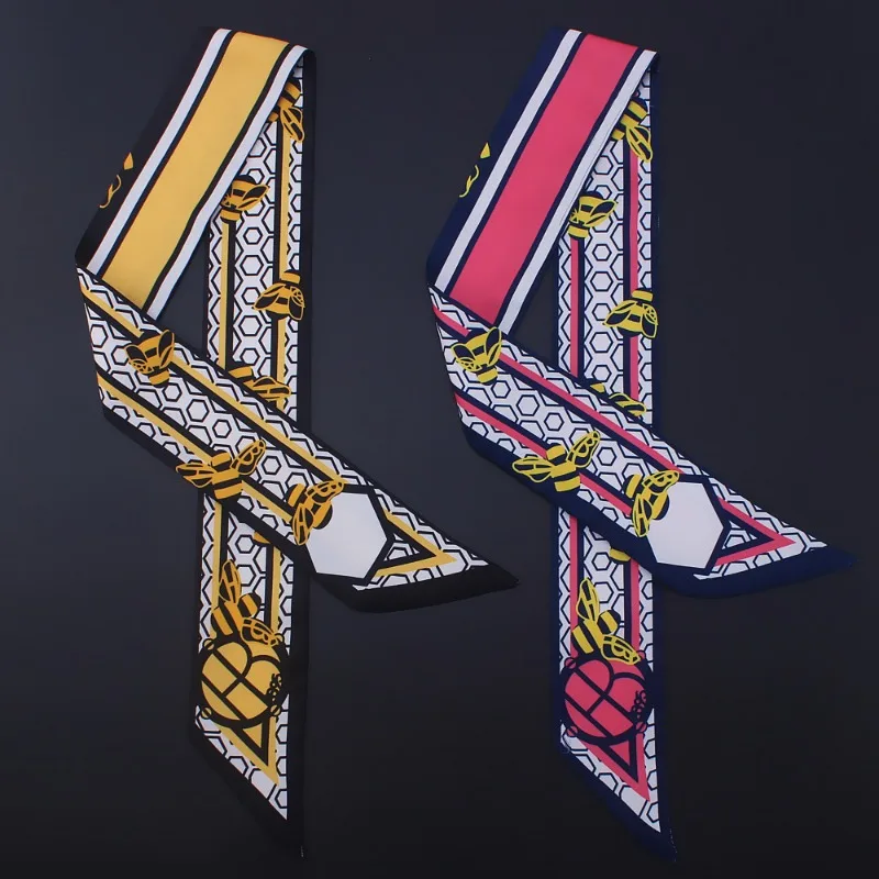 Écharpe fine d'été de luxe pour femme, motif abeille géométrique, en soie sergé, pour cheveux ou sac, à nouer comme foulard ou bandeau