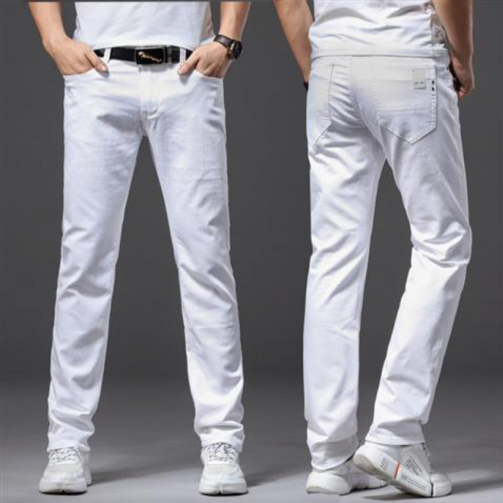 Jean blanc élastique pour hommes, coupe droite, Slim, décontracté, doux, Business, marque classique, pantalon en Denim extensible avancé à la mode
