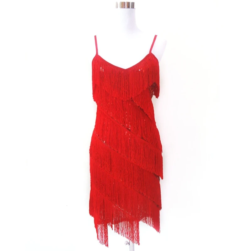 Robe Latine à Franges et Volants pour Femme, Vêtement Sexy, à Plusieurs Niveaux, Boîte de Nuit, Danse, Costumes Fantaisie, Col en C, Paillettes