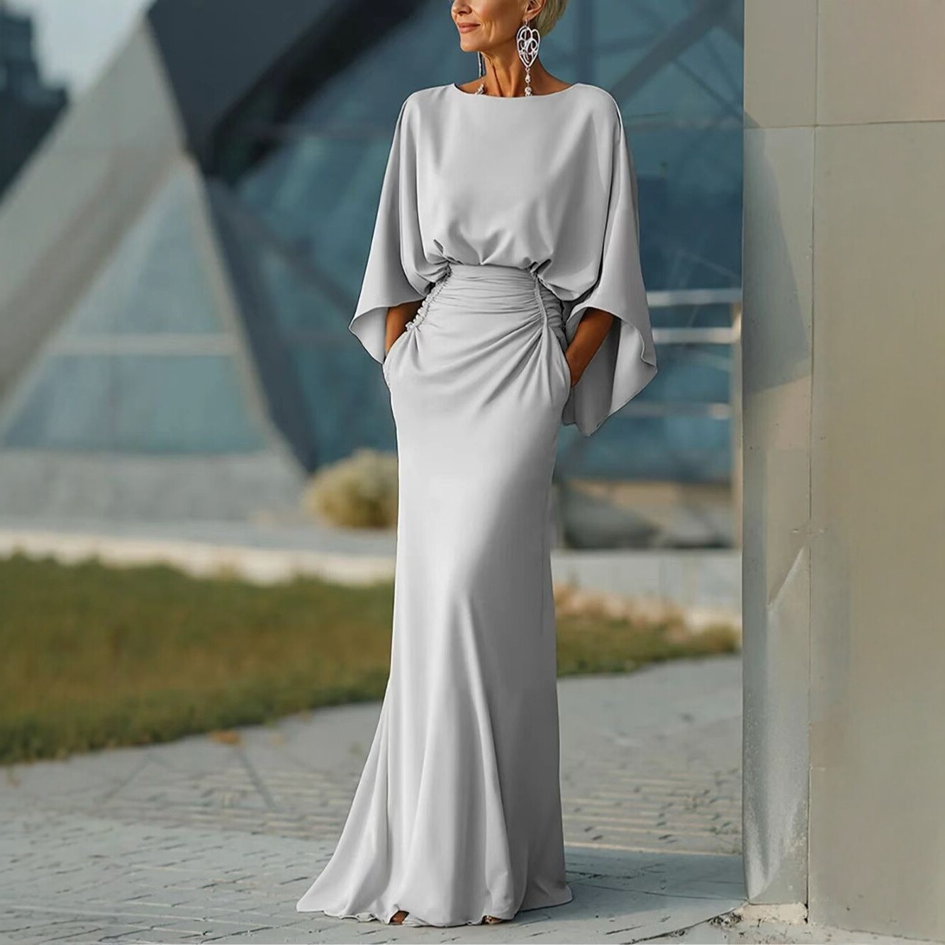 Robe longue bohème sexy dos nu pour femme, élégante, col rond, taille haute, manches chauve-souris, coupe droite ajustée, printemps-été