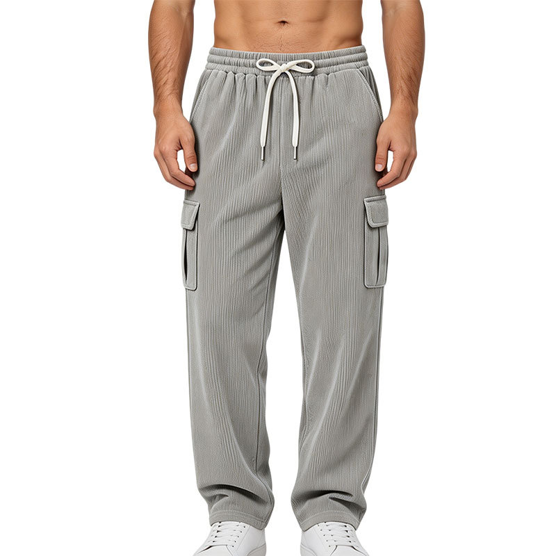 Pantalon cargo en velours côtelé pour homme, taille élastique avec cordon de serrage, multi-poches, coupe ample, décontracté, pantalon de sport pour usage quotidien et streetwear.