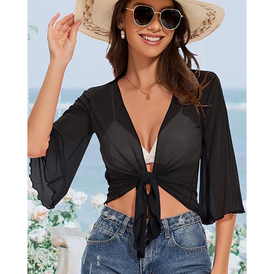 Combhasaki Cardigan court pour femme, boléro transparent à nouer sur le devant, haut à manches 3/4, veste courte, cache-maillot de bain, tenue de plage