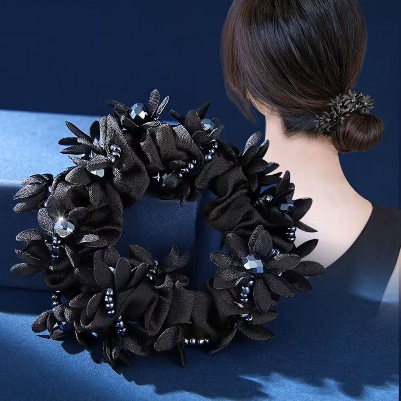 Élastique à cheveux en satin fin à motif floral, élégant, pour femme, avec strass, chouchou plissé en satin