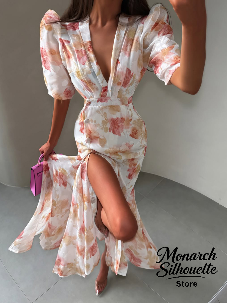 Nouvelle Robe Longue Rose à Imprimé Floral pour Femme, Coupe Ajustée, Col en V Chic, Volants, Manches Longues Évasées, Froncée, Fendue, Élégante