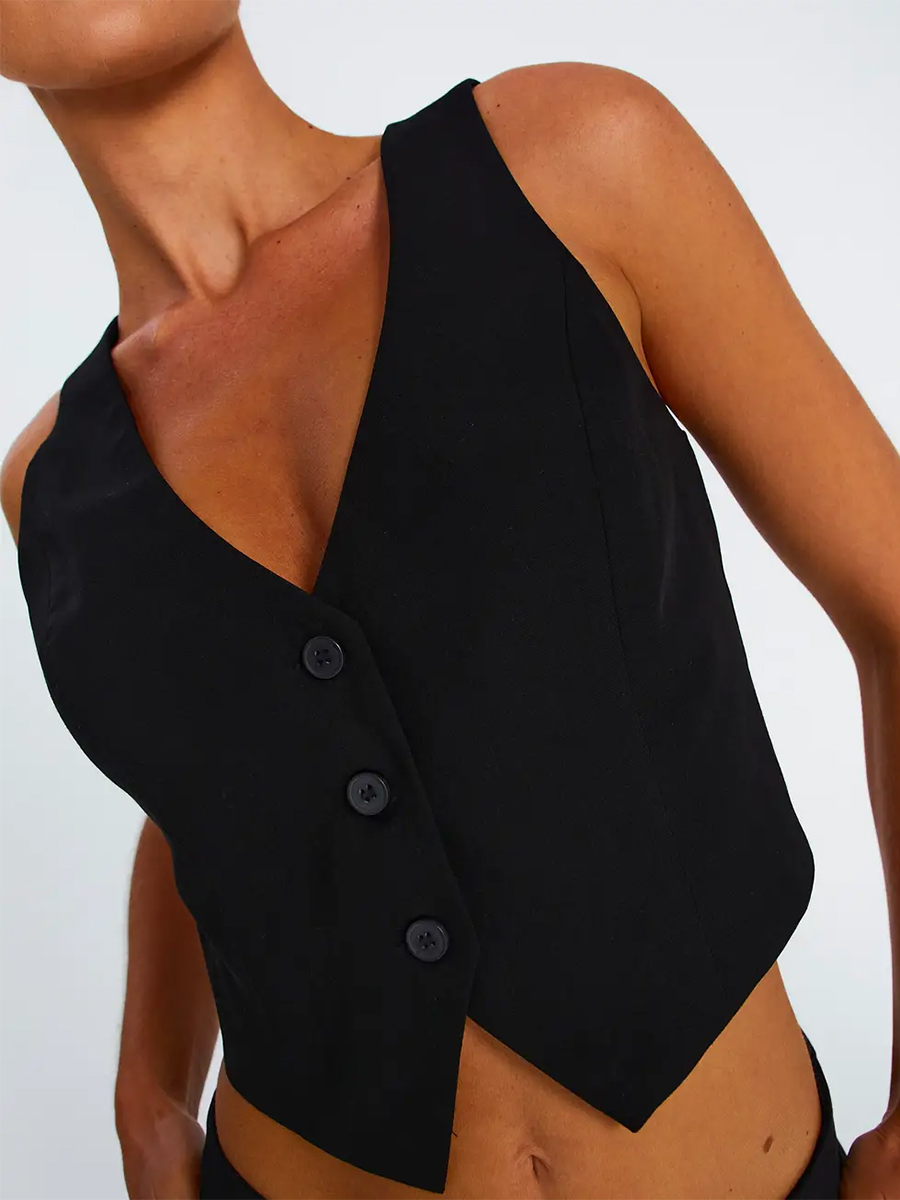 Femmes mode solide gilets sans manches noir col en V bouton gilet formel affaires smoking chemise coupe ajustée recadrée Blazer gilets