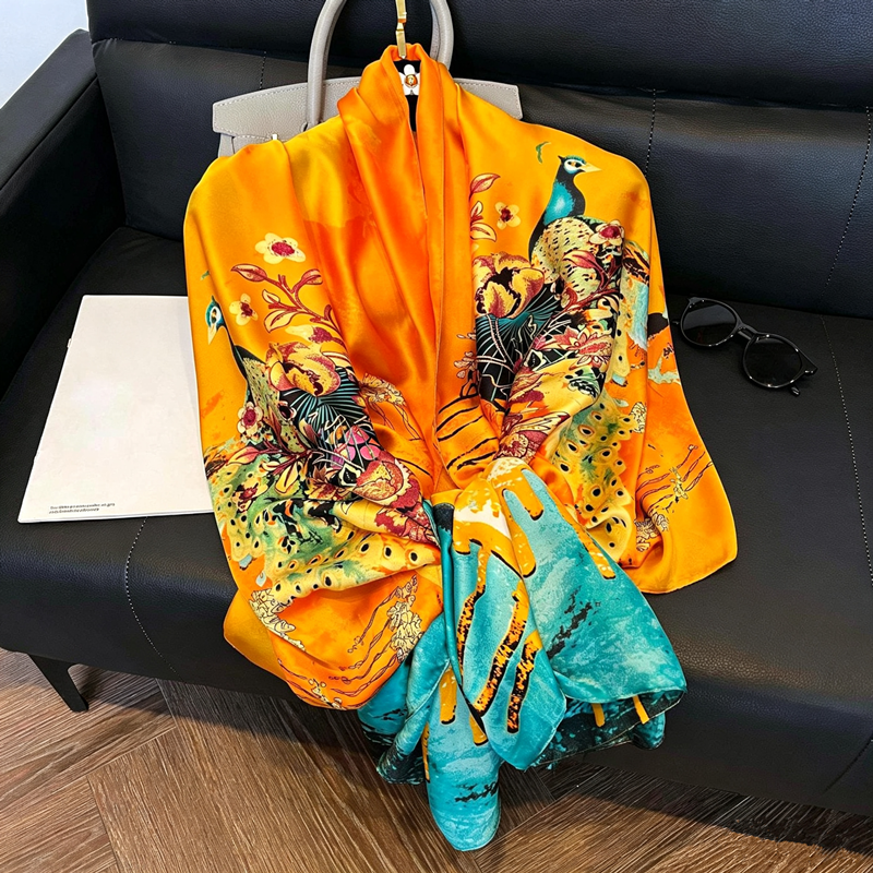 Écharpe en satin de soie grande taille 180*90cm pour femme, imprimé automne, nouveau châle de printemps, foulard, pashmina, écharpe de voyage
