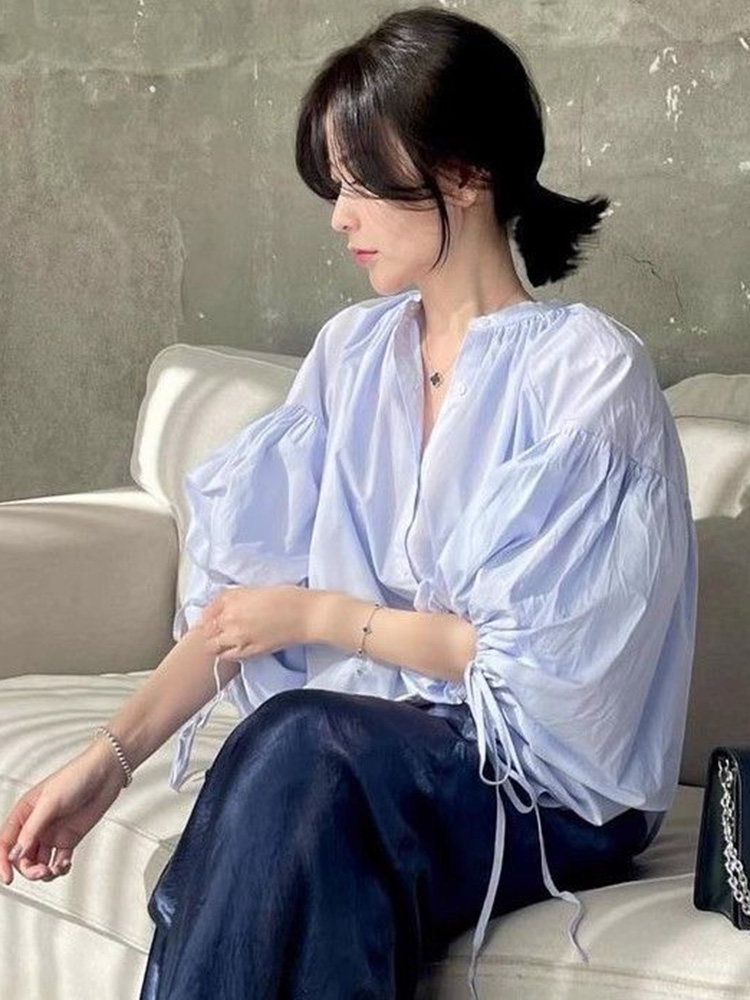 Chemisier Chic et Décontracté pour Femme à Manches Lanterne, Col Rond, Coupe Ample, Style Coréen, avec Lacets, Tendance Printemps