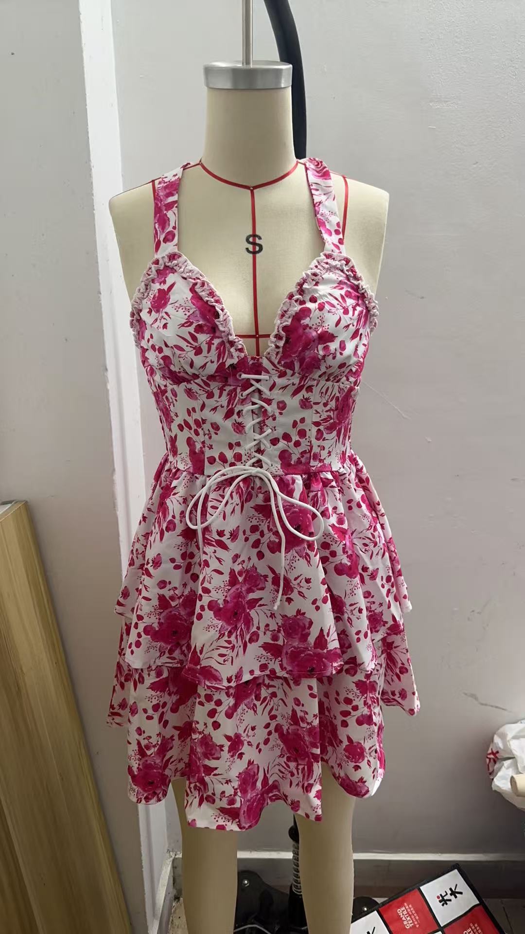Robe d'été vintage à imprimé floral, style tunique à lacets et volants, mini-robe de plage pour femme, motif rose, XXYL-559