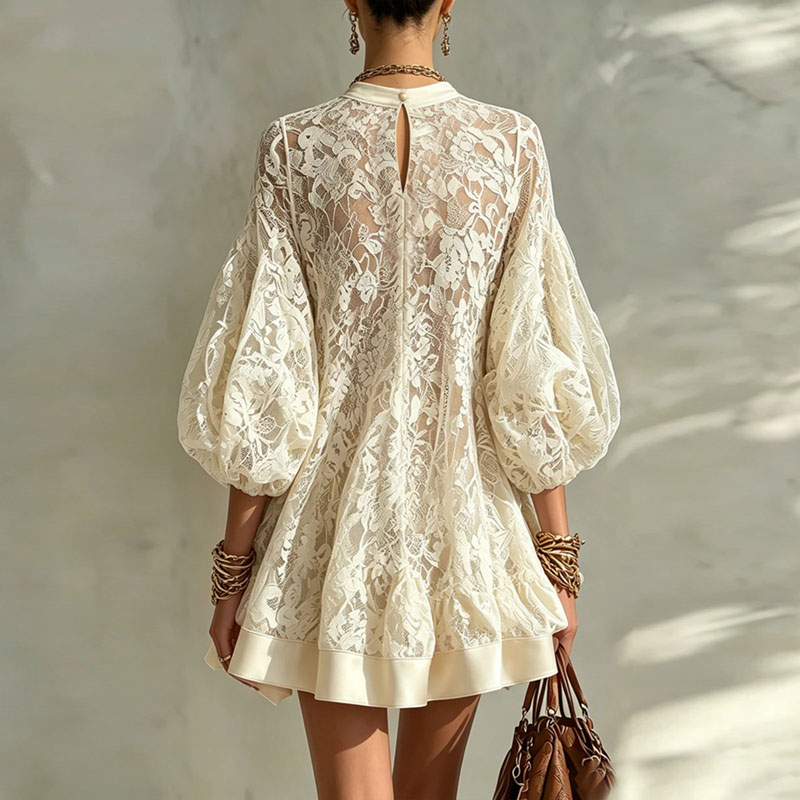 Robe courte ample en dentelle florale bohème pour femmes, col rond, manches bouffantes, bordure unie, ourlet à volants, robe transparente, sexy, pour la plage, les vacances quotidiennes.
