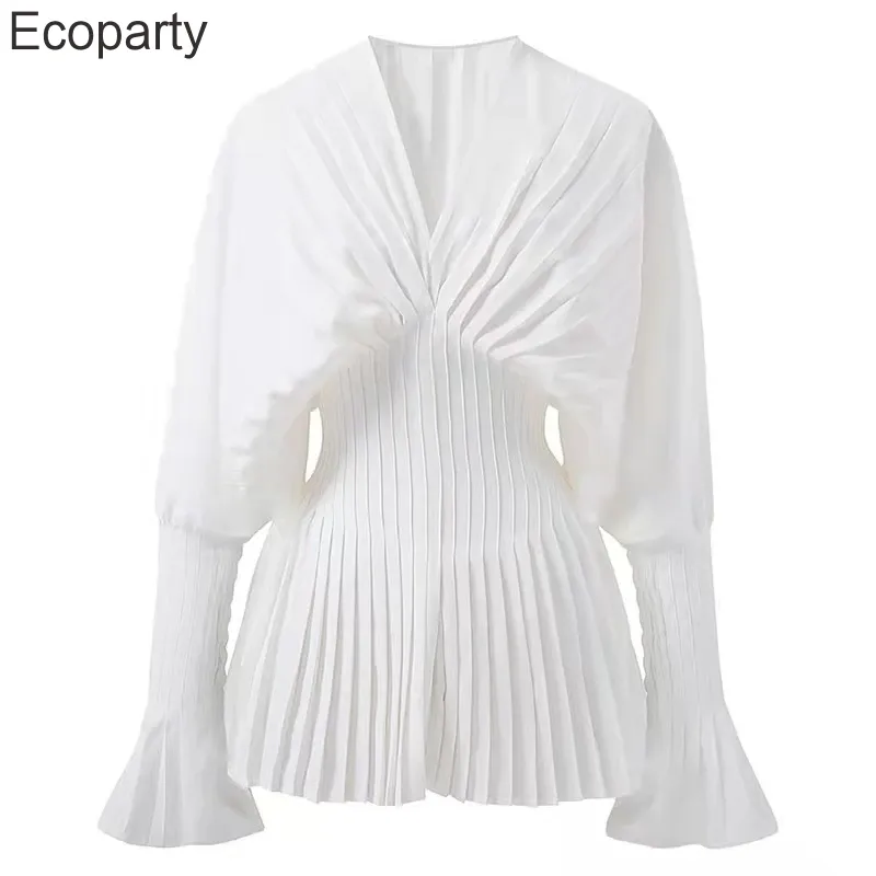 Femmes ample blanc col en v chemises plissées élégant décontracté en mousseline de soie chemise dames lanterne à manches longues hauts Blouses 2024