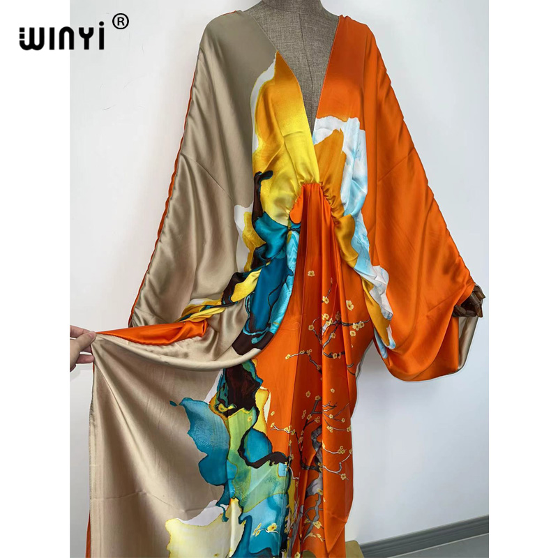 WINYI-Robe longue de plage en V profond, style bohème, kaftan, soie, rayonne, imprimé, mode 2022
