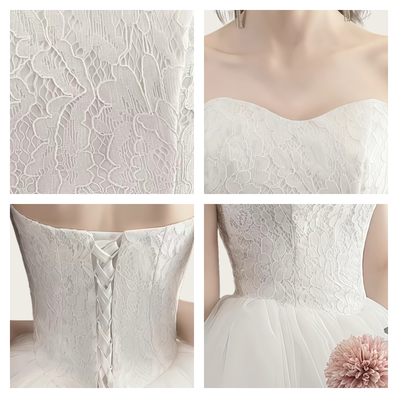 Robe de mariée coréenne pour femme, style simple, avec bustier en dentelle, coupe ajustée et jupe bouffante sans jupon.