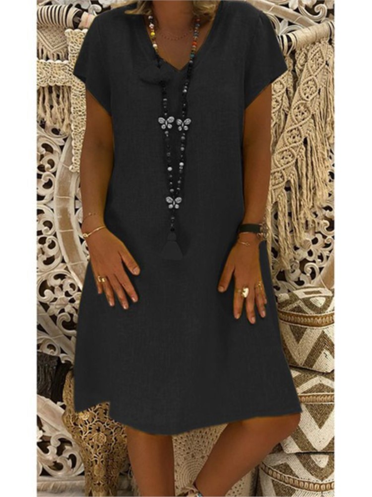 Mode Boho coton lin robes femmes été 2024 col en v à manches courtes Midi décontracté robe ample femme robe de rue robes