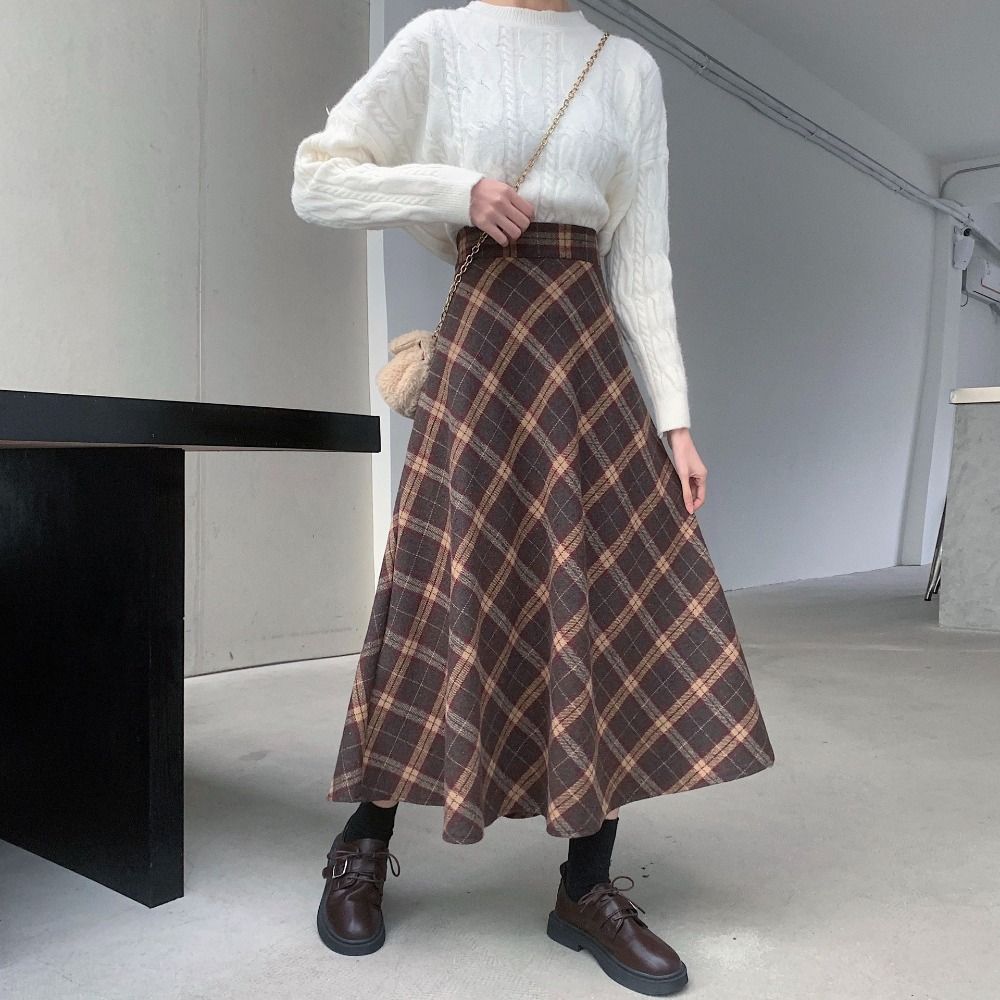 Jupe longue élégante taille haute à carreaux rétro, style preppy, coupe ajustée, coupe trapèze, pour l'hiver et l'automne, idéale pour les fêtes