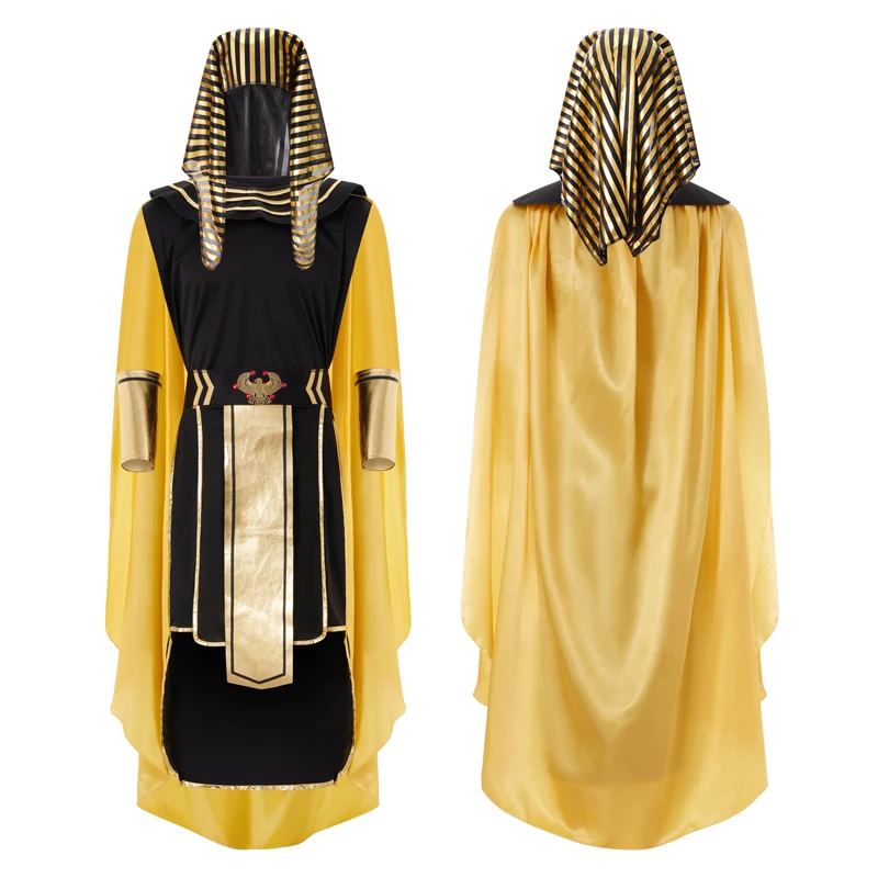 Ensemble de costumes égyptiens pour hommes, 7 pièces, garniture dorée, débardeur, jupe, manches de bras, couvre-chef, collier, tenues de fête Cosplay