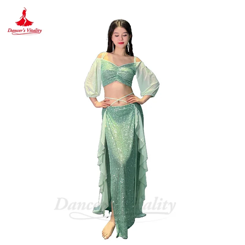 Ensemble de costumes de danse du ventre pour femmes, haut à manches courtes + jupe longue fendue, ensemble professionnel Oriental, tenue de danse du ventre, 2 pièces