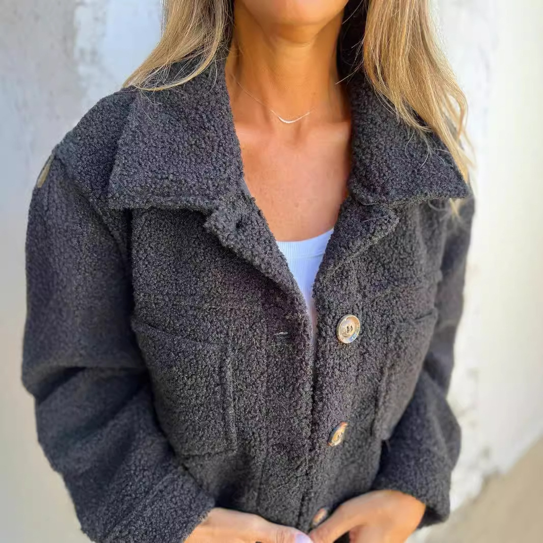 Manteau en laine d'agneau pour femme, vêtement d'extérieur chaud, veste courte, simple boutonnage, col rabattu, poches, pardessus de bureau, automne hiver
