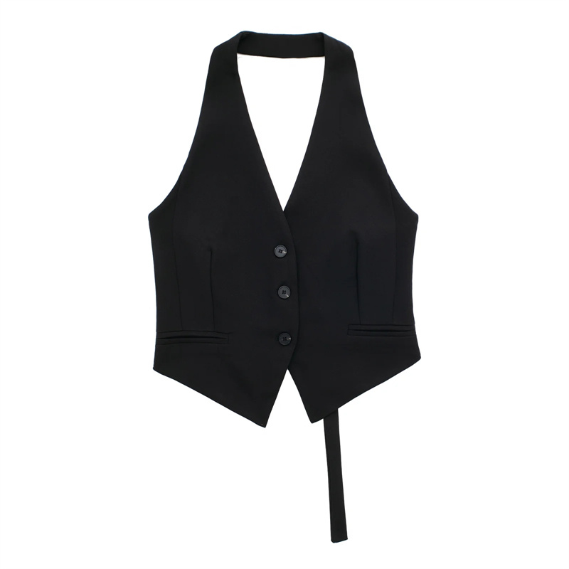 MUJER épaules dénudées gilet sans manches femmes noir blanc recadrée gilet femme mode dos nu col en V manteaux courts gilet d'été