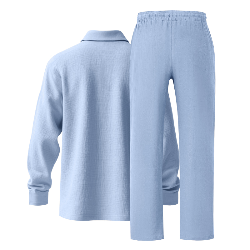 Ensemble de vêtements pour homme en lin, ensemble deux pièces : polo à manches longues et pantalon droit, vêtements de sport décontractés pour la plage