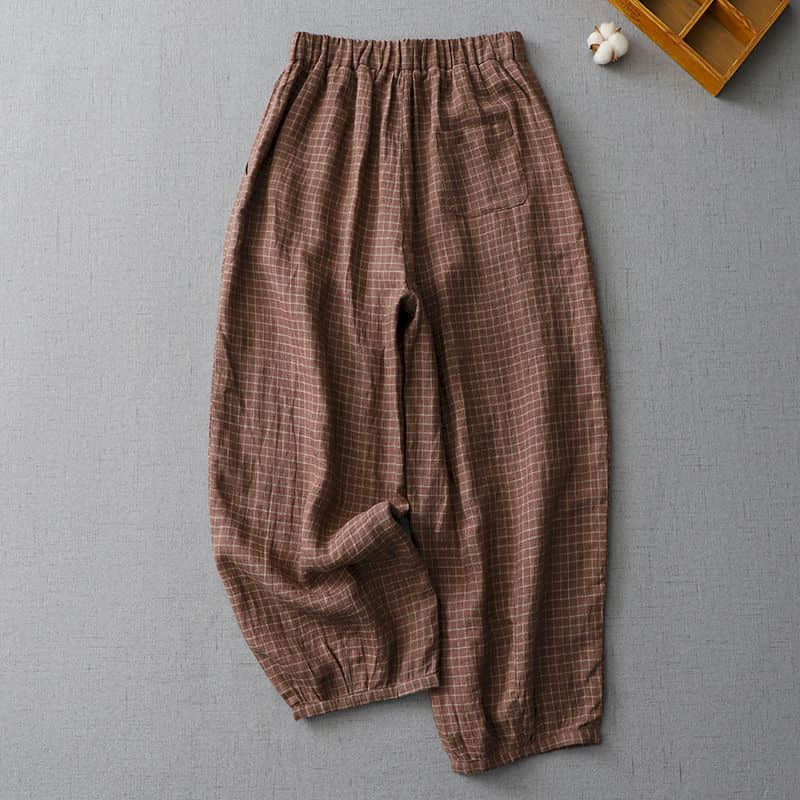 Pantalon en coton et lin à carreaux, ample, décontracté, Vintage, mode coréenne, Harajuku, vêtements pour femmes, Bloomers, lanterne, Baggy