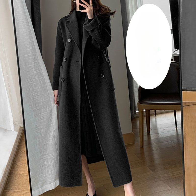 Manteau Trench d'Hiver pour Femme 2026 Nouvelle Mode Coréenne Décontractée en Laine Bleu Marine avec Lacets Longue Veste Noire pour Femme avec Ceinture
