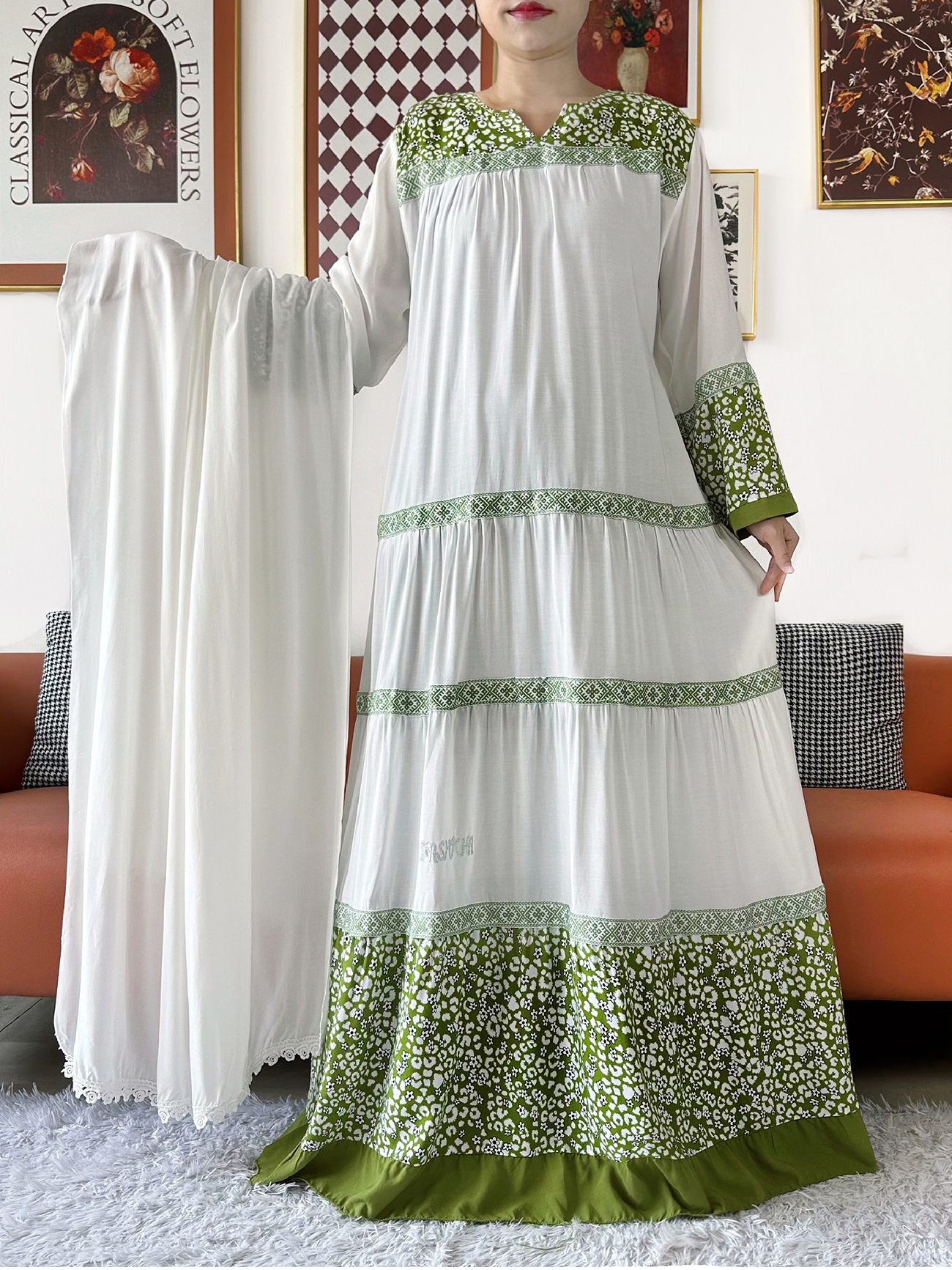 Ventes Exclusives 2026 Nouvelle Robe Africaine Boubou KASHKHA en Coton Abaya Ample Musulmane avec Grand Foulard Maxi pour le Ramadan