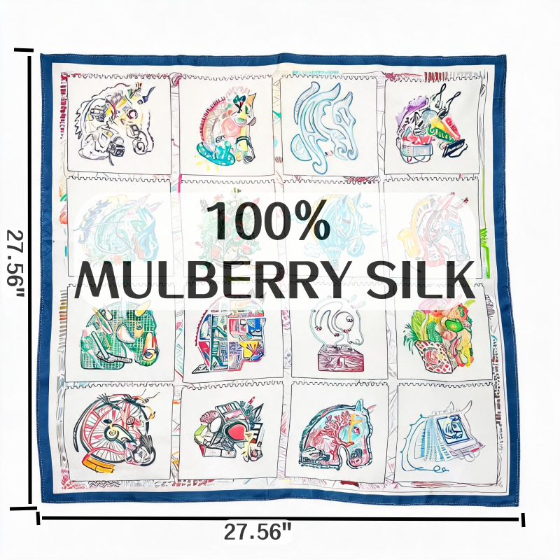 Foulard carré 100% Soie de Mûrier à Imprimé Cheval, Bandana, Écharpe de Cou, Accessoire de Sac, Foulard de Mode pour Femme