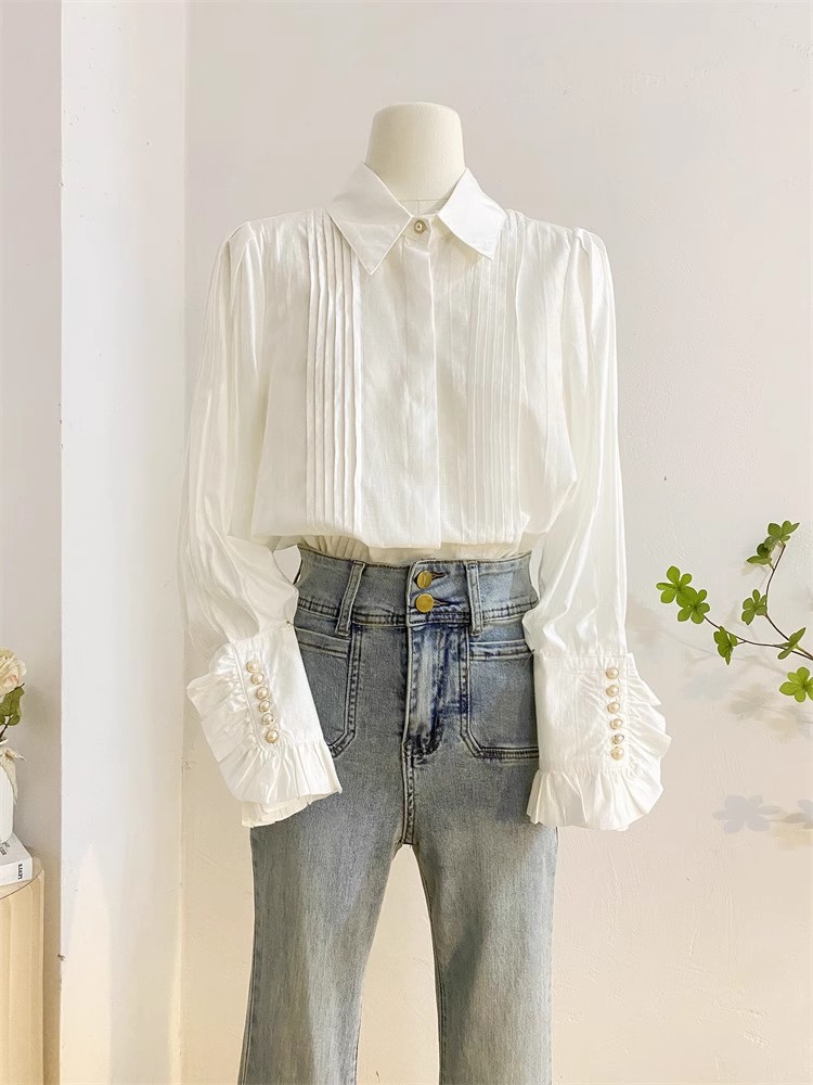 Chemise en mousseline de soie à volants blancs pour femmes, chemises à manches longues, tempérament féminin, col rabattu, chemise en Tencel, Y2K, printemps