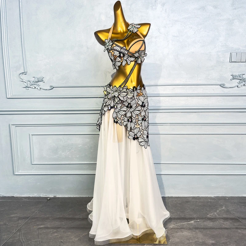 Vêtements de danse du ventre personnalisés pour femmes, dentelle de charbon AB avancée, pompon à paillettes, trempé financièrement, costume de phtalperformance du ventre