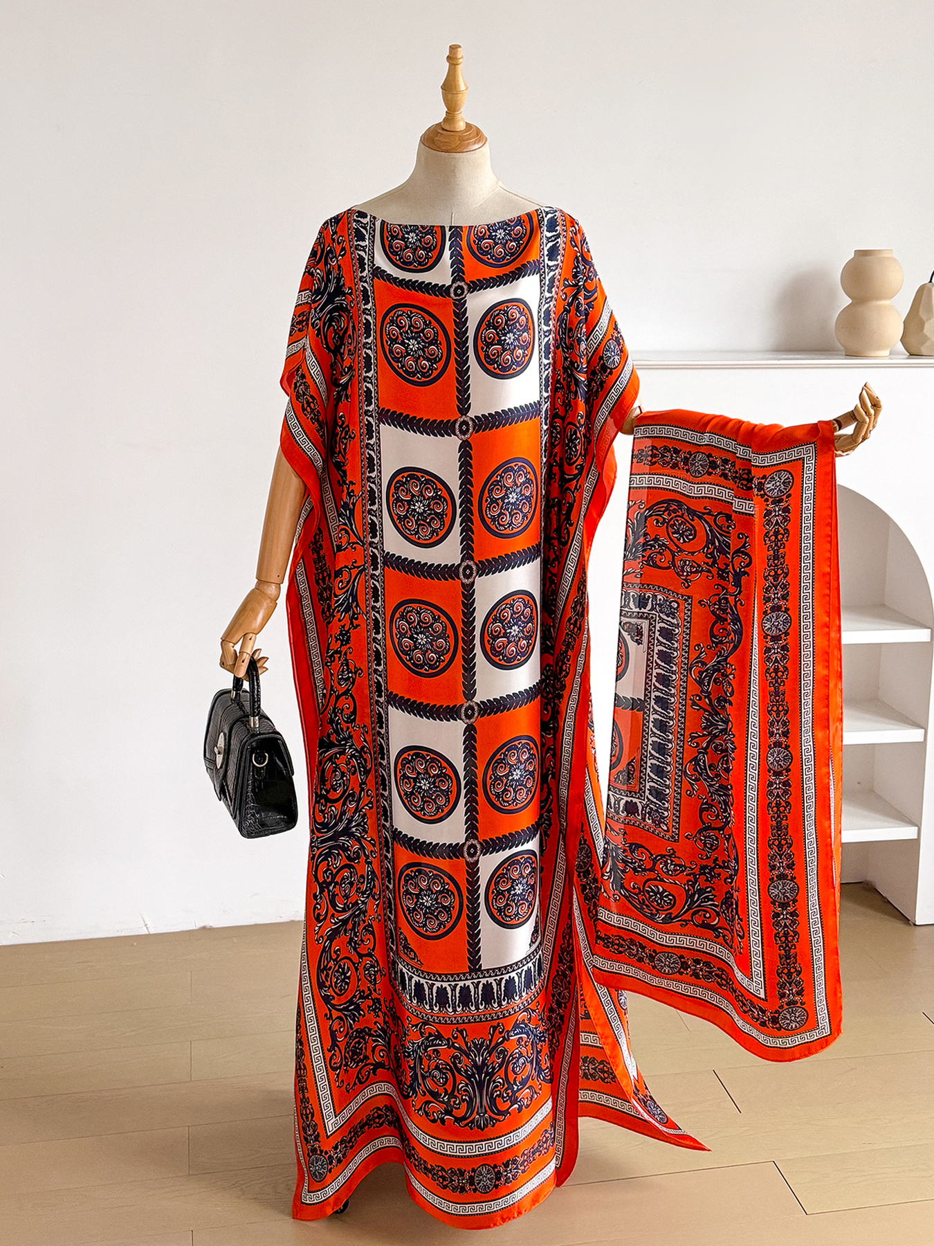 Abaya vintage baroque à imprimé satiné avec foulard, kaftan maxi ample pour femmes musulmanes africaines, tenue d'été pour la plage et les vacances