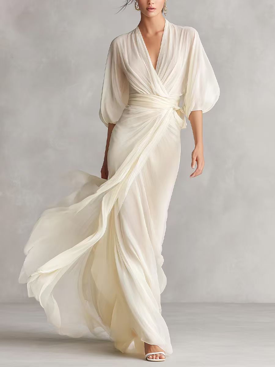 Robe longue en mousseline pour femme, col en V, taille drapée, manches mi-bouffantes, fluide et élégante, pour soirée formelle, mariage ou fête