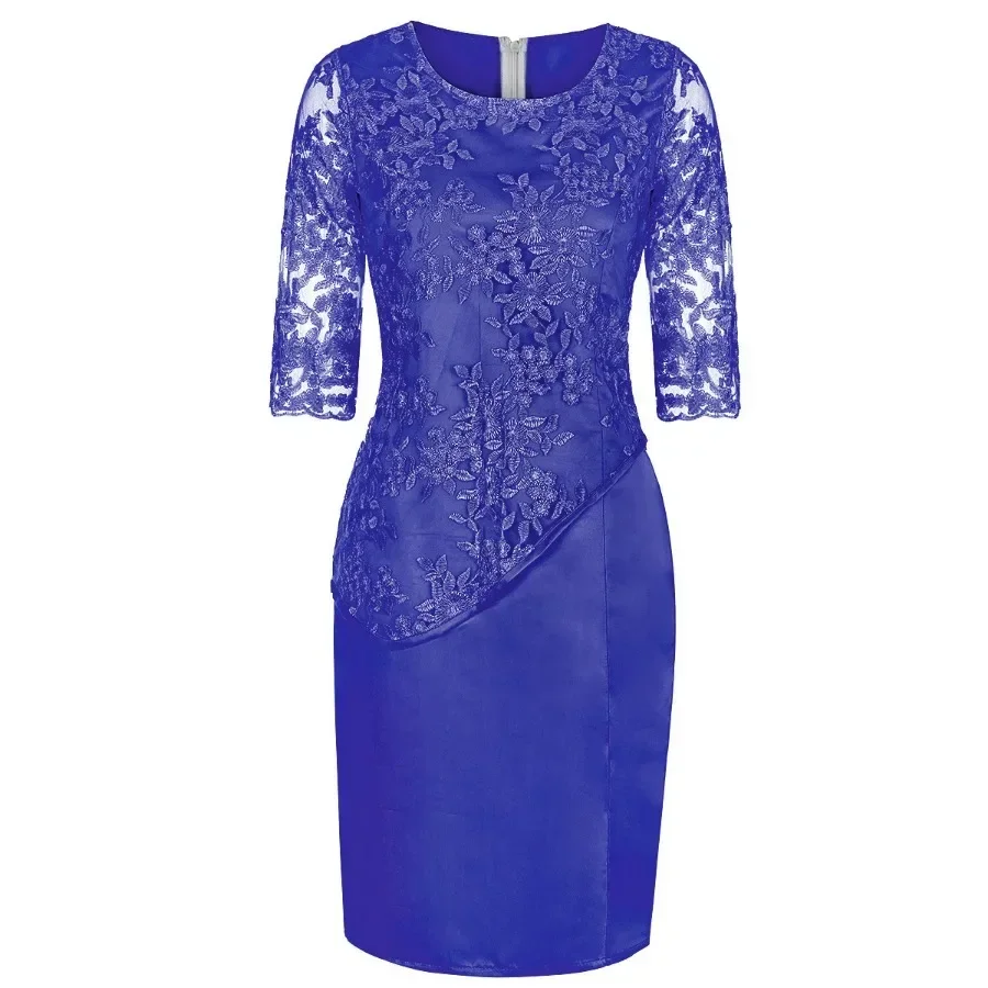 Robe Midi Grande Taille Femme 2026 5XL Élégante Col Rond Taille Haute Broderie Dentelle Manches 3/4 Robe de Soirée Vêtements Féminins