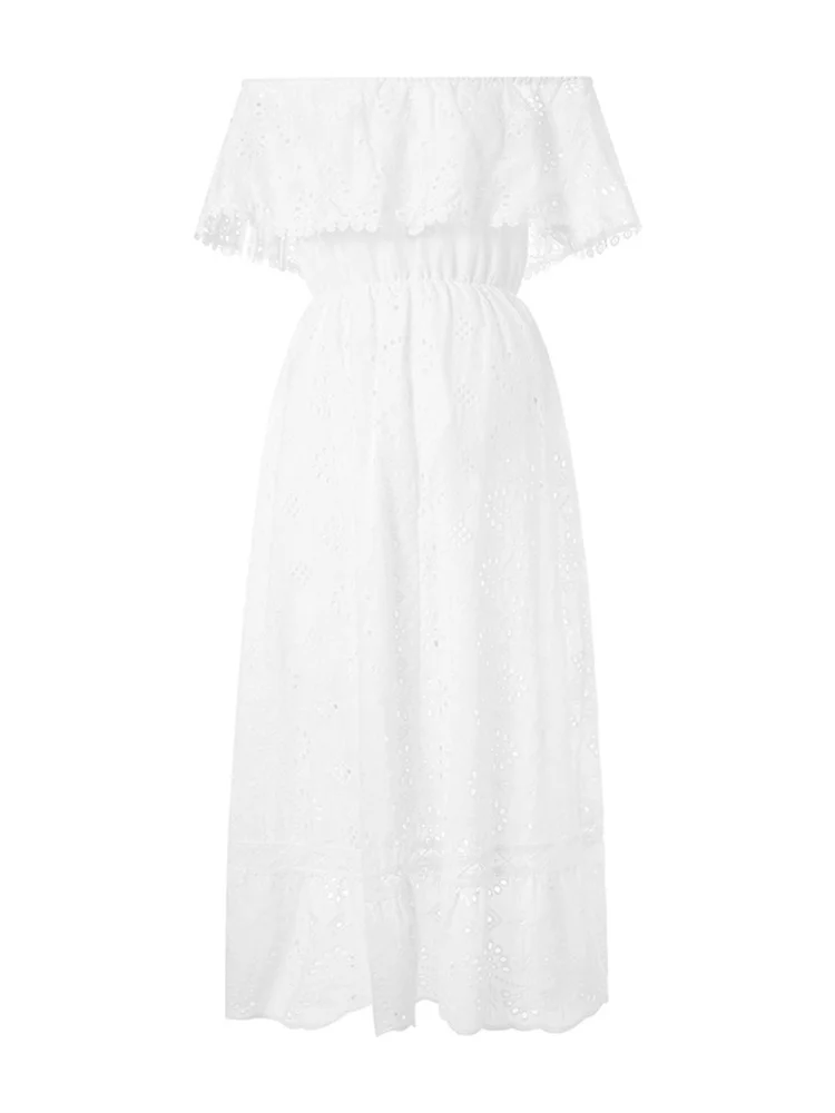 Femmes bohème blanc robe longue à manches courtes épaules dénudées dentelle à volants robe ample vacances d'été plage robes décontractées femme