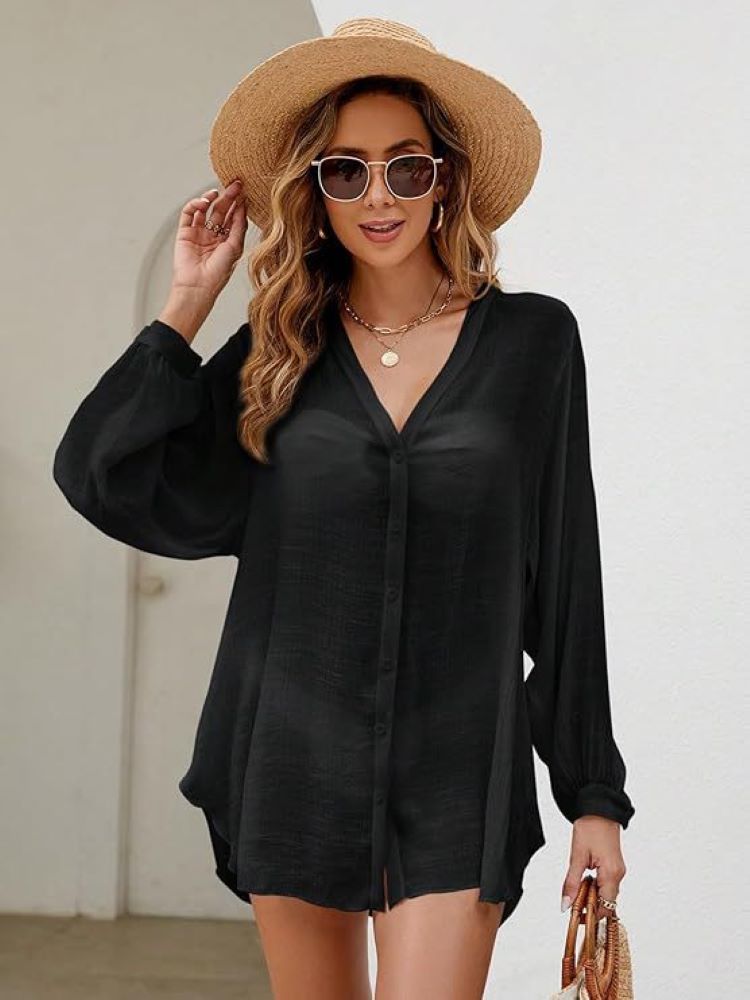 Tunique ample d'été pour femme à manches longues, col en V, boutonnée, fluide, protection solaire, décontractée, pour la plage et les vacances, cache-maillot de bain