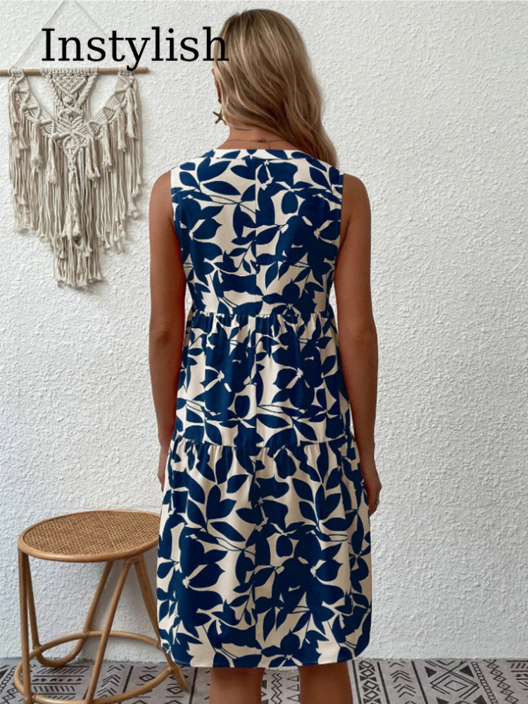 Femmes Boho imprimé Mini robe été élégant sans manches col en V à volants une ligne débardeur décontracté ample surdimensionné plage fête robe d'été
