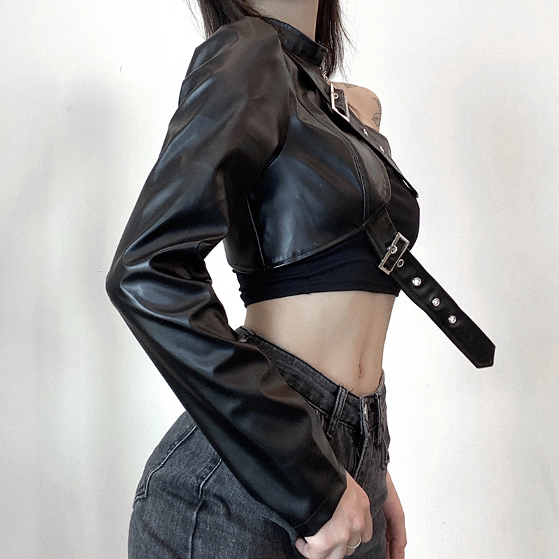 Haut court Style Punk pour femmes, Cool, manches longues, cintre de cou, ceinture en cuir, hauts connectés, vestes Streetwear