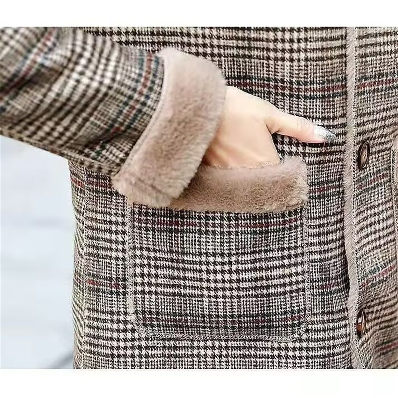Nouveau Manteau Long Hiver 2026 pour Femme, à Capuche, Épais et Chaud, en Laine à Carreaux et Fourrure de Lapin, Style H, Haute Qualité