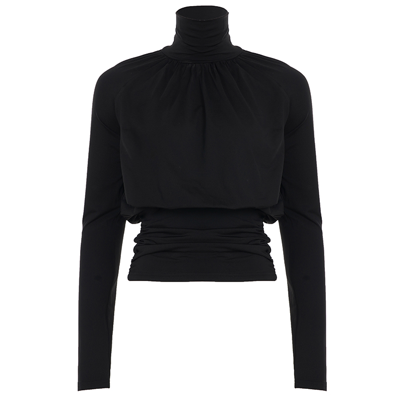 Élégant basique col roulé drapé t-shirt coupe ajustée solide froncé taille à manches longues t-shirts femmes 2025 décontracté haut pour femme