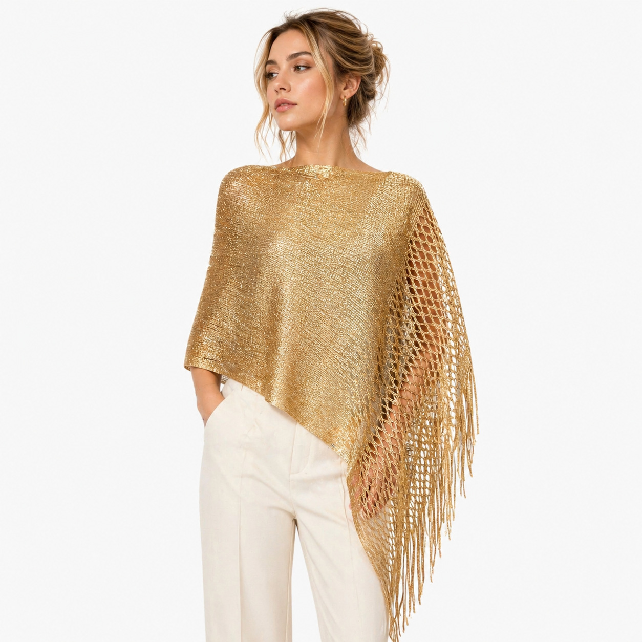 Châle-écharpe en maille ajourée à franges, fil doré et argenté, pour femme - Collection Printemps/Été - Idéal pour les soirées
