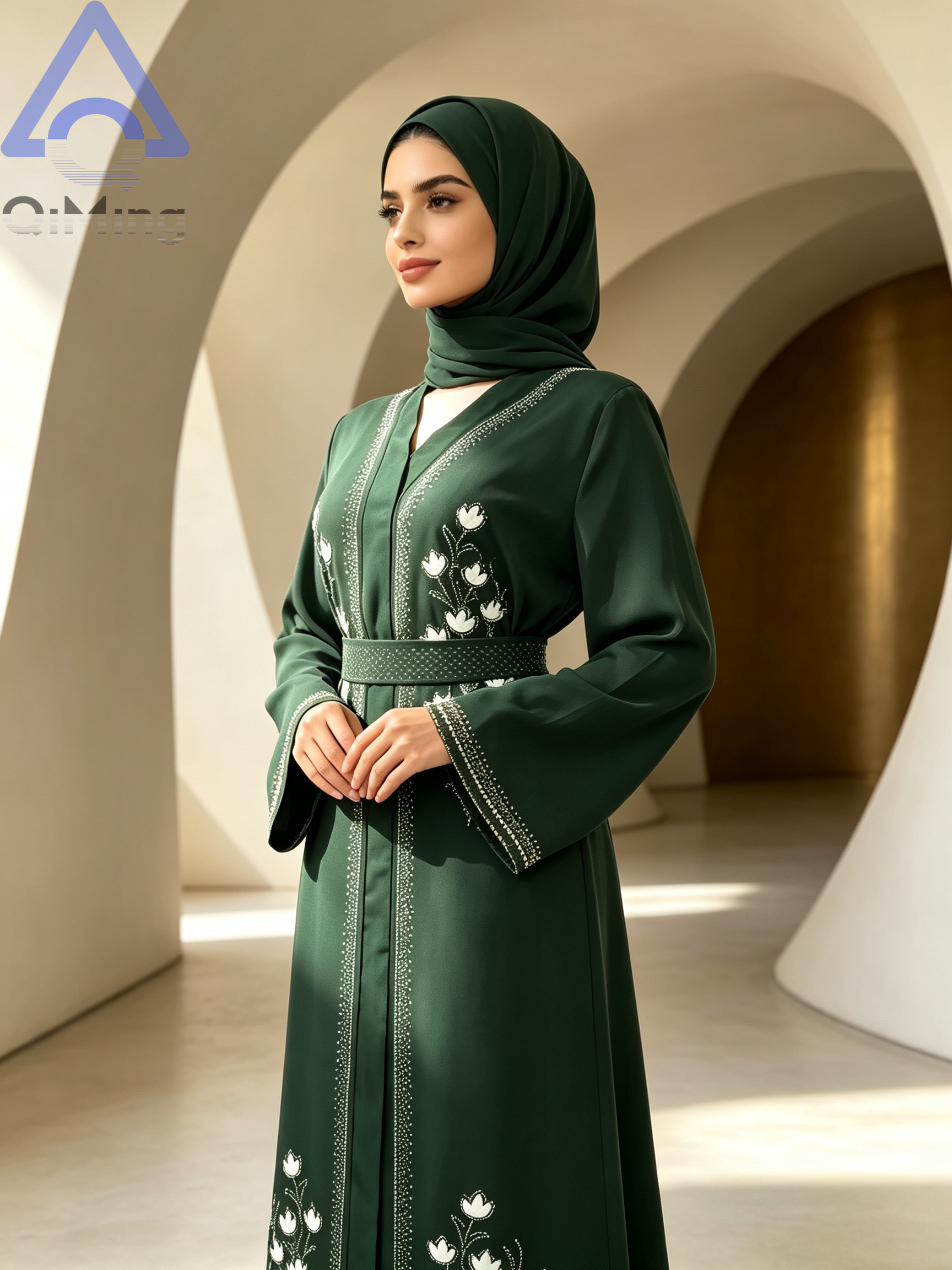 Abaya florale exquise en strass QiMing, Kaftan de Dubaï modeste, Maxi Jalabiya pour femme, Robe de soirée et de fête islamique à manches longues pour l'Aïd