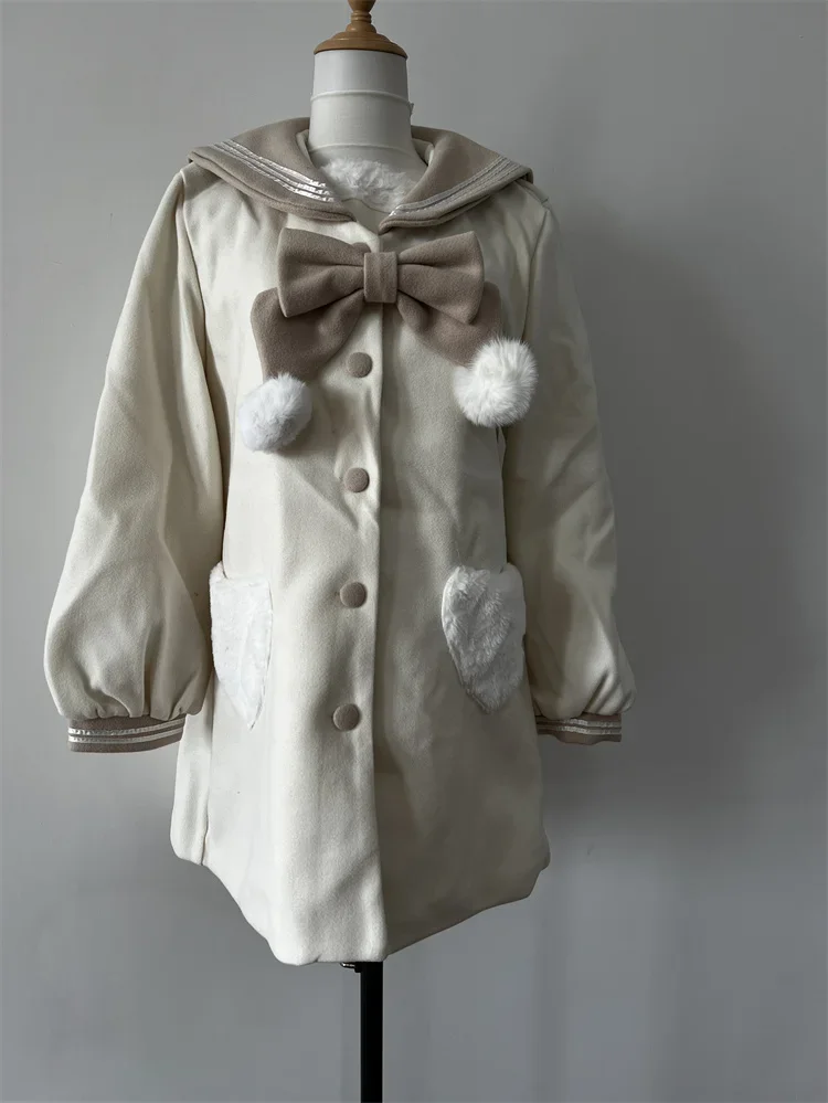Manteaux pour femmes, col marin contrasté, nœud, simple boutonnage, poche en cœur, réduction de l'âge, manteau en laine polyvalent, vêtements pour dames
