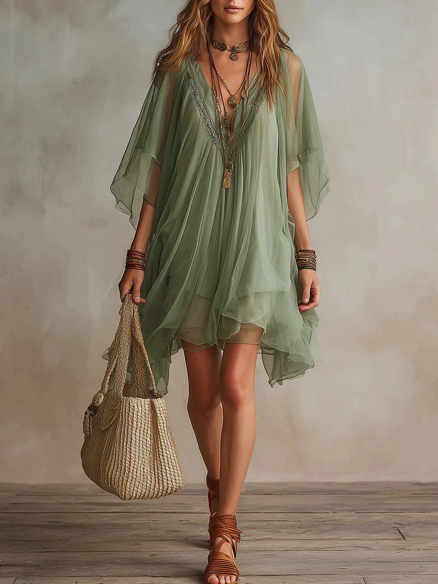 Robe courte décontractée pour femme, style bohème, en mousseline, à manches mi-longues, col en V, ourlet irrégulier, superposée, idéale pour la plage ou les vacances