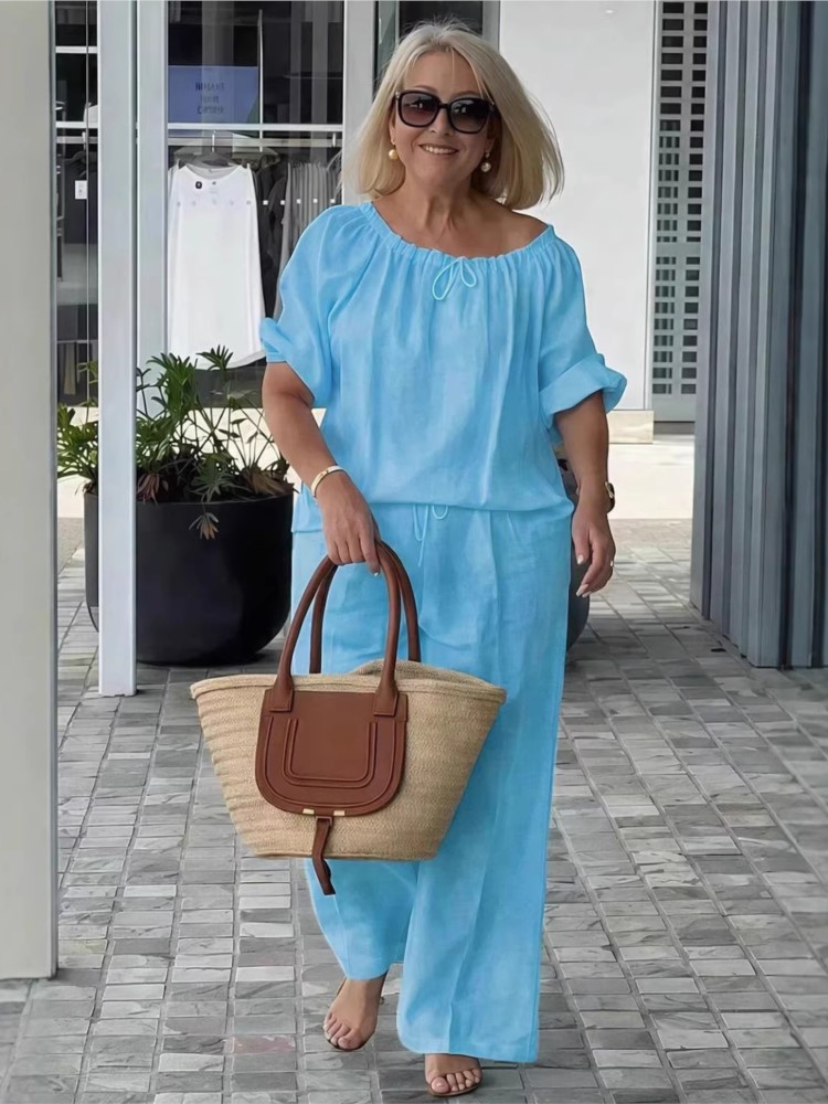 Ensemble décontracté 2 pièces pour femme, nouvelle collection printemps-été, haut ample à col rond avec cordon de serrage et pantalon, ensemble deux pièces