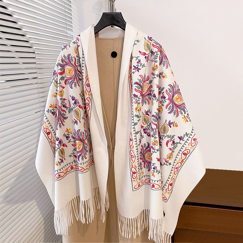 Écharpe brodée de luxe pour femme, Pashmina à longues franges, couverture pour femme, châle doux, haute qualité, chaud, hiver